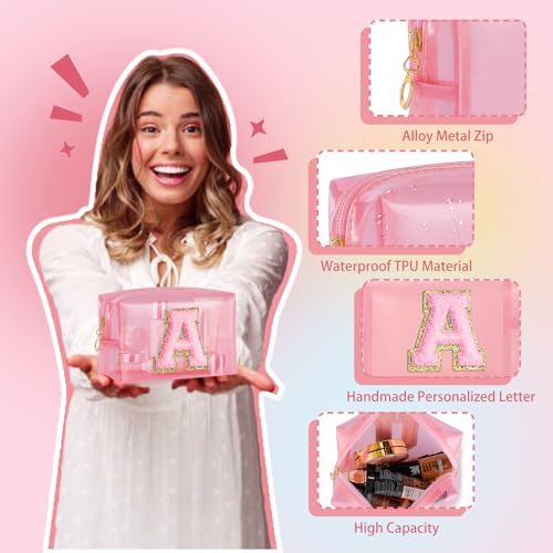 SEFORICO Clear Makeup Bag for Women - Small Personalized Initial Cosmetic Bags A-Z Chenille Letter Make up Pouch Waterproo...