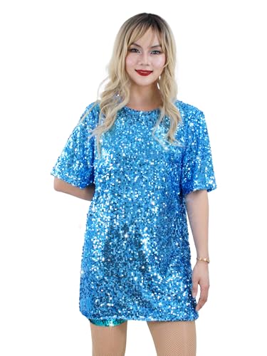 Muztagata Sequin T-Shirt Dress Sparkly Casual Short Sleeve Party Club Outfit Costume
