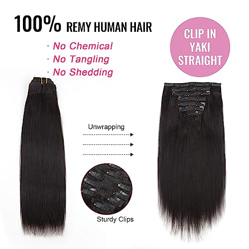 ABH AmazingBeauty Hair Yaki Straight Clip Hair Extensions Human Hair Real Remy Thick Yaki Clip in for African American Relaxed Hair 7 Pieces 120 Gram Per Set, 18 Inch