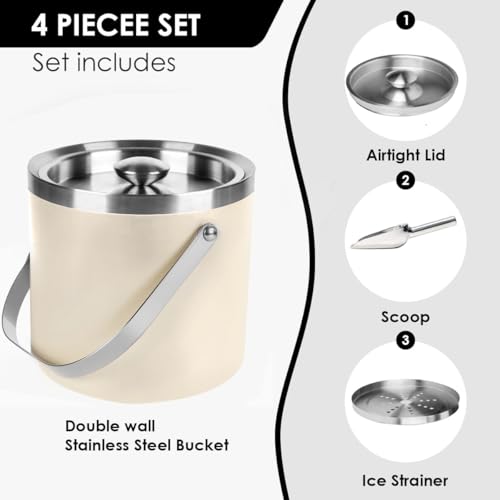 3L Beige-White Double Wall Insulated Stainless Steel Ice Bucket with Scoop for Cocktail Bar,Metal Ice Bucket for Freezer w...