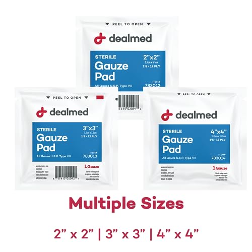 Dealmed 3’’ x 3’’ Sterile Gauze Pads (100 Count) Disposable and Individually Wrapped Medical Gauze Pads, Wound Care Produc...