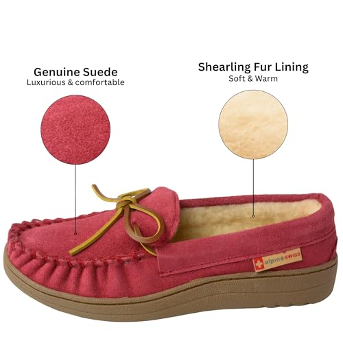 Alpine Swiss Sabine Womens Moccasin Slippers Genuine Suede House Shoe Memory Foam Insole Plush Faux Shearling Fur Indoor O...