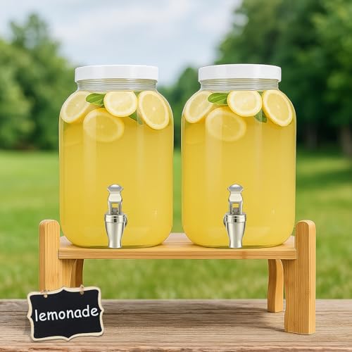 1 Gallon Large Glass Drink Dispensers with Stand for Parties, Glass Iced Beverage Dispensers with Spigot, Reusable Water D...