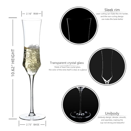 Champagne Flutes Set of 6 - Hand Blown Crystal Champagne Glasses With Long Stem - 7 oz Elegant Sparkling Wine Stemware - U...