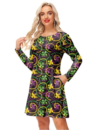 Deerose Women Vanlentine Dress Long Sleeve Mardi Gras Holiday Printed A Line Dresses with Pockets