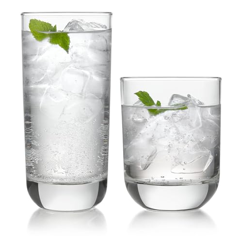 Libbey Drinking Glasses Polaris Tumbler and Rocks Set of 16, Clear, Sturdy Drinkware Glasses Set, Kitchen Glassware for Co...