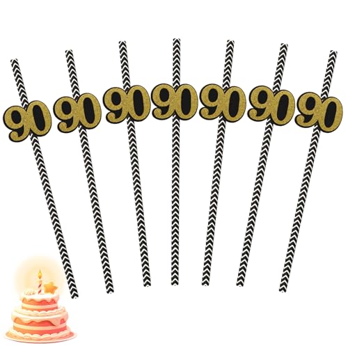 NIEITRK 24PCS Black Gold 90st Birthday Card Straws, Biodegradable Paper Straws with Number 90 for Bar Drinks, Milestone Ce...