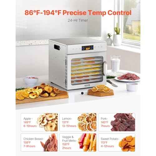 VEVOR Food Dehydrator Machine, 8 Stainless Steel Trays, 400W Electric Food Dryer with Adjustable Temperature & 24-Hour Timer, Freeze Dryer for Jerky, Meat, Fruit, Vegetables, Herbs, Dog Treats