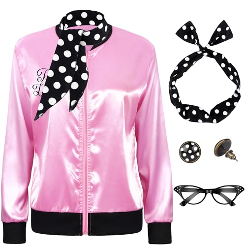SOMSOC 5 Pieces 1950s Women Pink Satin Jacket with Polka Dot Scarf Headband Earrings Eye Glasses Halloween Party Costume Set