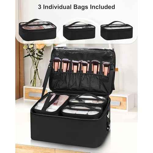 Relavel Makeup Bag Large Makeup Case Professional Cosmetic Storage Organizer Box Brush Holder with 3 Clear Set Bags for Makeup Artists with Shoulder Strap & Adjustable Dividers