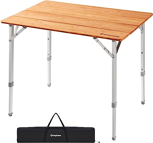 KingCamp Bamboo Camping Table Folding Table with Adjustable Height Aluminum Legs Heavy Duty 176lbs 4-Fold Portable Foldabl...