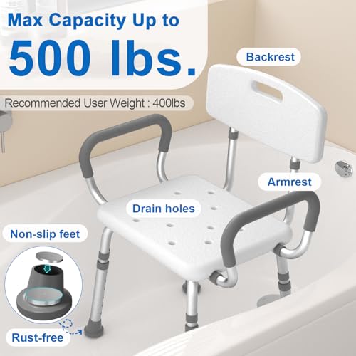 HOMLAND Shower Chair for Inside Shower with Arms and Back, 500 lbs Heavy Duty Shower Seat for Bathtub, Height Adjustable S...