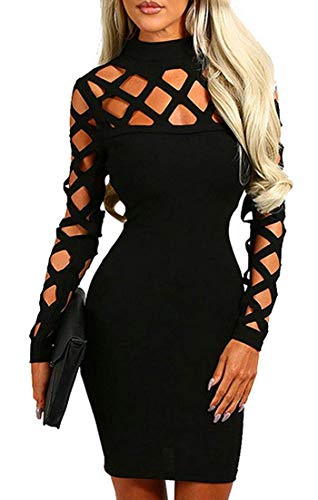 AMiERY Women's Hollow Out Dress Bandage Clubwear Long Sleeve Bodycon Dresses