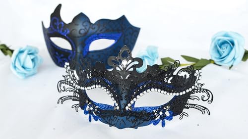 MYSEUNI 2025 Masquerade Masks for Couples, Shiny Rhinestone Metal Filigree Venetian Mask & Mens Venetian Mask for Mardi Gras