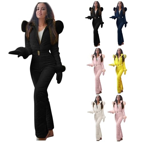 Movnebyro Womens One Piece Ski Suit Winter Ski Jumpsuits Waterproof Warm Snowsuit Fur Collar Outdoor Sports Outerwear