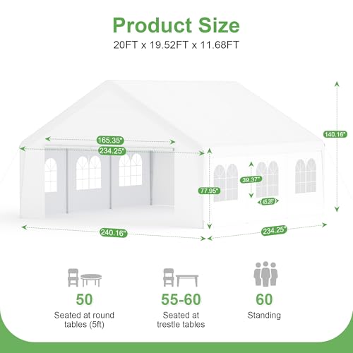 Phonjoroo Party Tent, 20’ x 20’ Heavy Duty Outdoor Canopy Tent All-Season Tarp & Removable Sidewall Waterproof Carport Wed...