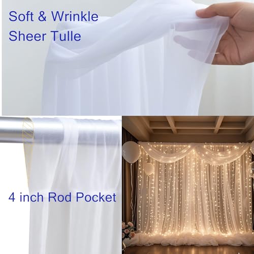 Realparkly White Tulle Backdrop Curtain with Lights, Elegant Sheer Photo Backdrop Drapes, Soft Fabric & LED Curtain for We...