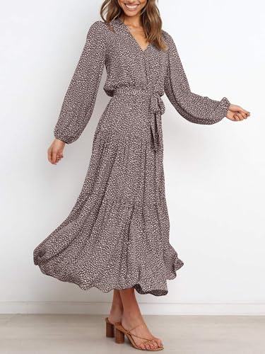 PRETTYGARDEN Womens Spring Long Sleeve Wrap V Neck Ruffle Floral Maxi Dress Casual Tie Waist Boho Chiffon Flowy Long Dresses