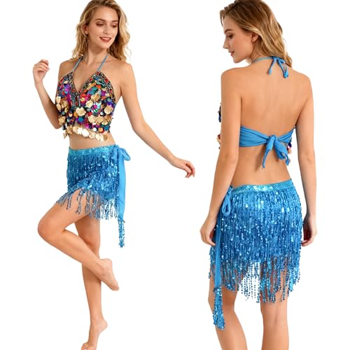 Wuchieal Sequin Halter Bra Tops Salsa Belly Dance Boho Festival Clubbing Tribal Bra Gold Shell Top