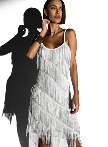 miduo Womens Sequin Tassel Fringe Party Dress Sleeveless Spaghetti Straps Flapper Dresses Cocktail Mini Dresses