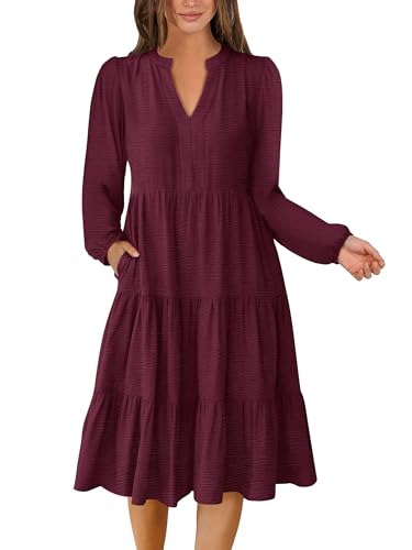 ANRABESS Womens Fall Midi Dresses Long Sleeve V Neck Swing Tiered Work Business Casual 2026 Flowy Beach Vacation Dress