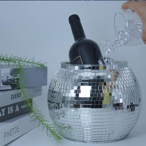 Wittolins Disco Ice Bucket for Cocktail Bar, Mirror Silver Disco Ball Decor, Retro Party Accessories, 8.8 Inch Theme Party...