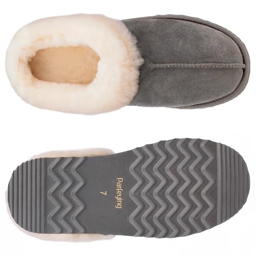 Parfeying Women‘s Real Wool Slippers in Genuine Leather with Anti-Slip Rubber Sole, Warm Indoor Outdoor Shoes with Memory ...