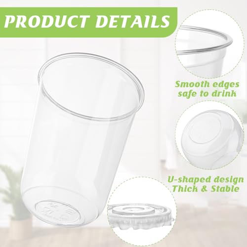 16oz Disposable Stemless Glasses with Flat Lids and Straws,PET Disposable Drinking Cups,Clear Plastic Wine Glasses for Par...