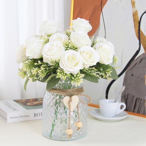 Leayiuvan Fake Flowers in Vase,Fake Flowers with Vase 18 Pcs Faux Rose Flowers,Artificial Flowers for Home Decor, Indoor C...