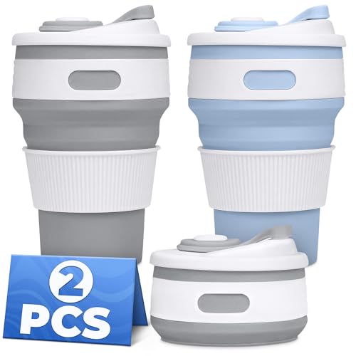 2-Pack Сollapsible Cups for Traveling Reusable – 12oz Leakproof Coffee Travel Mug, Silicone, Foldable & Portable for Hikin...