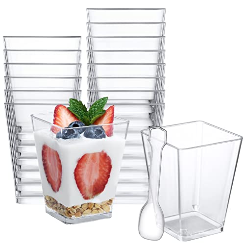 SHOPDAY 5 oz Plastic Dessert Cups 50 Pack Small Clear Square Parfait Cups with Spoons, Mini Plastic Tumbler Serving Cups f...