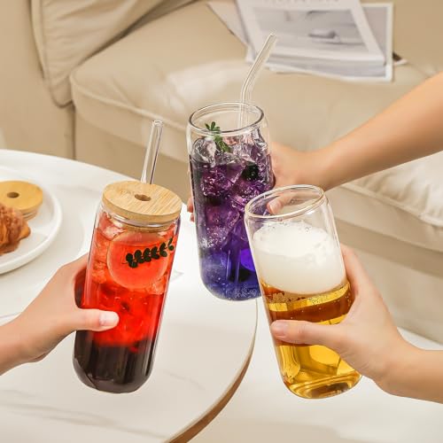 SENTVEND 20 Oz Drinking Glasses with Bamboo Lids and Glass Straw - 8 Pcs Glass Cups Beer Ice Coffee Glasses Cute Aesthetic...