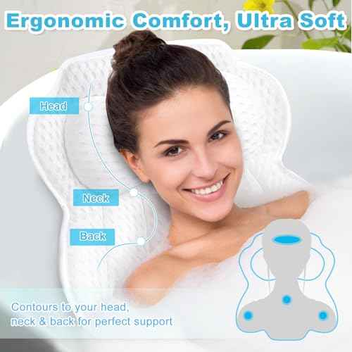Bath Pillows for Tub, Ergonomic Bathtub Pillow for Head, Neck & Back Support, Soft Spa Cushion Washable with 4D Mesh & Non-Slip Suction Cups, Relaxing Hot Tub Accessories & Spa Gifts for Women and Men