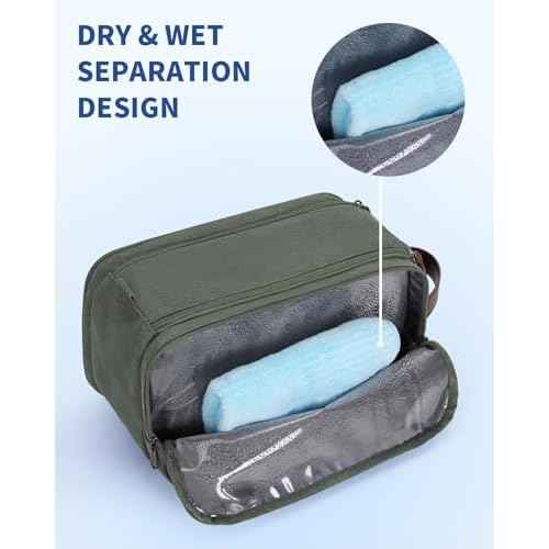 WANDF Toiletry Bag for Men Travel Toiletry Organizer Canvas and Leather Dopp Kit Water-Resistant Shaving Bag for Travel Accessories (Green, Large)