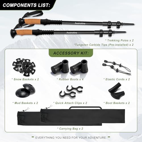 100% Carbon Fiber Hiking Trekking Poles - Ultra Strong Carbon Hiking Sticks with Cork Grips & Quick Flip Locks, 2 Pcs Ligh...