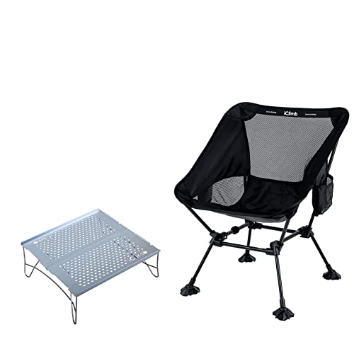 iClimb 1 Anti-Sinking Large Feet Chair and 1 Solo Mini Folding Table Bundle, Ultralight Compact for Solo Adult Outdoor Bac...