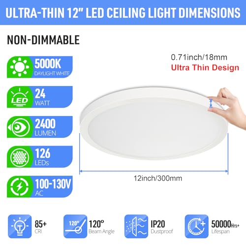 SunRider LED Flush Mount Ceiling Light Fixture, 5000K Daylight White, 2400LM, 12 Inch 24W White Round Flat Bedroom Lights,...