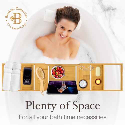 Bathtub Tray - Expandable Bamboo Bath Tray for Tub with Wine Glass Holder, Book & Tablet Stand - Wooden Bathtub Caddy Tray Table for Bathroom Accessories, Spa Relaxation, Housewarming & Wedding Gift