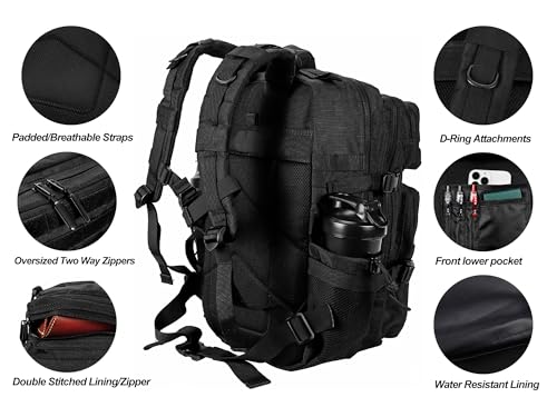 LHI Military Tactical Backpack for Men and Women 45L Army 3 Days Assault Pack Bag Large Rucksack with Molle System - Black