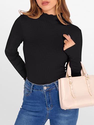 ANRABESS Women's Lettuce Trim Mock Neck Long Sleeve Tops 2025 Casual Dressy Ribbed Knit Slim Fit Tee Shirt Fall Layer Outfits