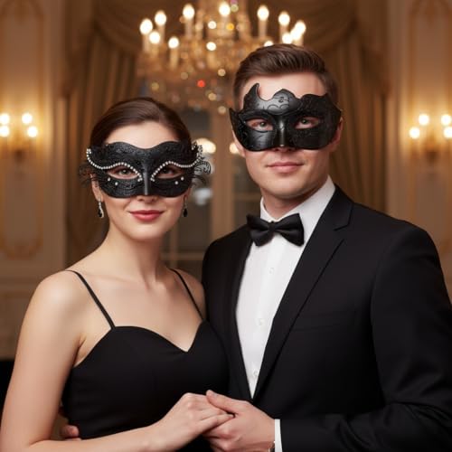 BCARICH Masquerade Masks For Couples, Women Cosplay Mask with Rhinestone and Venetian Style Men Mask for Mardi Gras Halloween