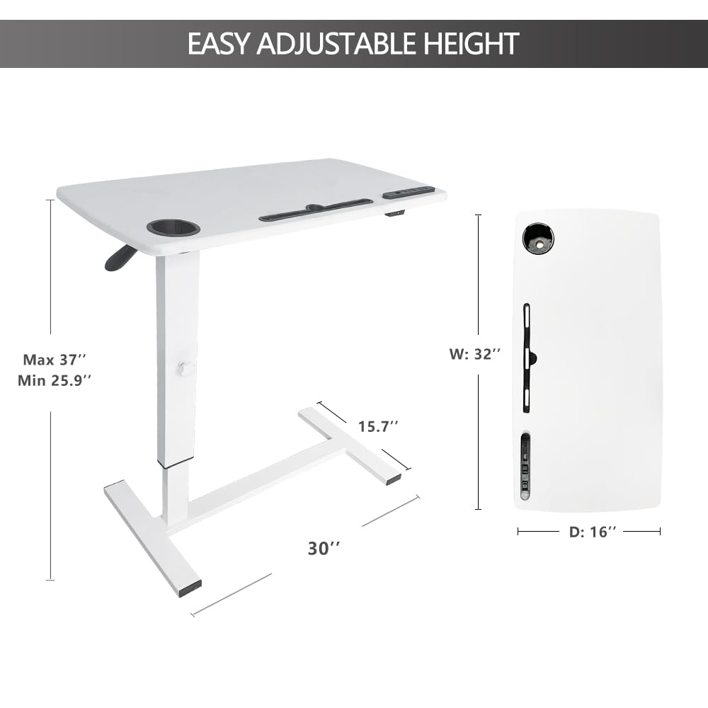 Over Bed Table Pneumatic Adjustable Height Stand Desk with Hidden Wheels USB Ports Pad Slot Mobile Laptop Standing Desk Cart, Podium Table (White, 32X16 inshes)