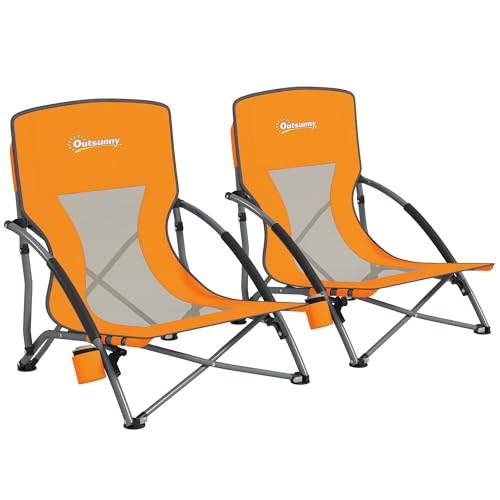Outsunny Set of 2 Backpack Beach Chair, Folding Beach Chairs with Mesh Back, Carry Bag and Cup Holder, Lightweight and Por...