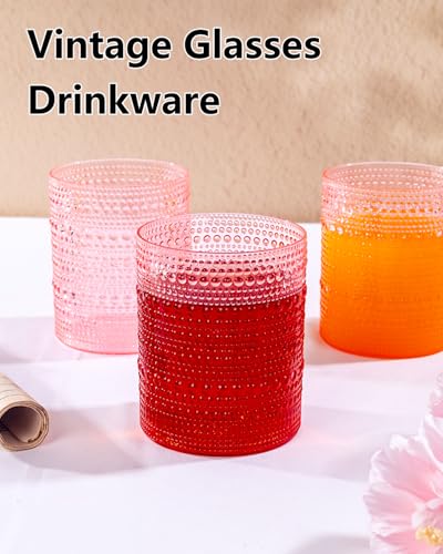 YOUBET 24PCS Plastic Drinking Glasses - 14OZ Pink Hobnail Drinkware Glasses - Vintage Glassware Textured Beaded Cups for W...