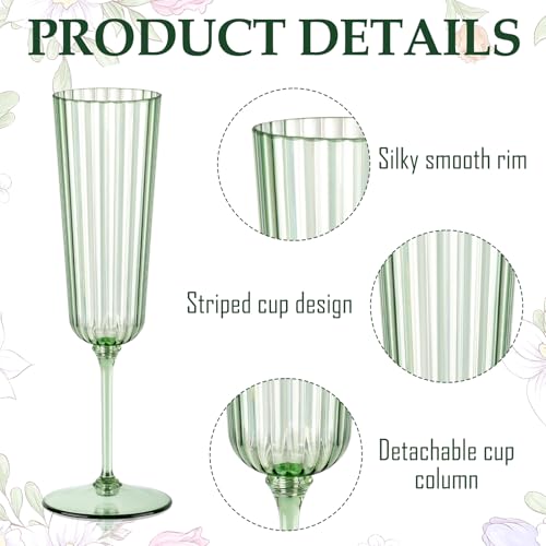 SHIQIKEJIPTY 12 Pack Plastic Champagne Flutes Sage Green Unbreakable Ribbed Champagne Glasses Detachable 5.5 Oz Disposable...