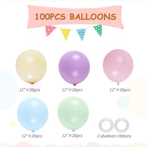 100-Pack Mix Macaron Balloons Kit, Helium Quality Paetel Pink Blue Purple Green and Yellow Latex Balloons for Birthday, Ba...