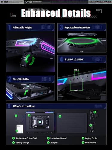 llano V10 Gaming Laptop Cooling Pad, RGB Laptop Cooler Stand with Powerful 4.72 Inch External Turbo Cooling Fan, Fast Cool...