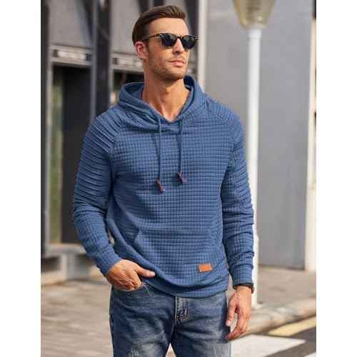 COOFANDY Mens Hoodies Pullover Casaul Long Sleeve Drawstring Waffle Knit Hooded Sweatshirt with Kanga Pocket