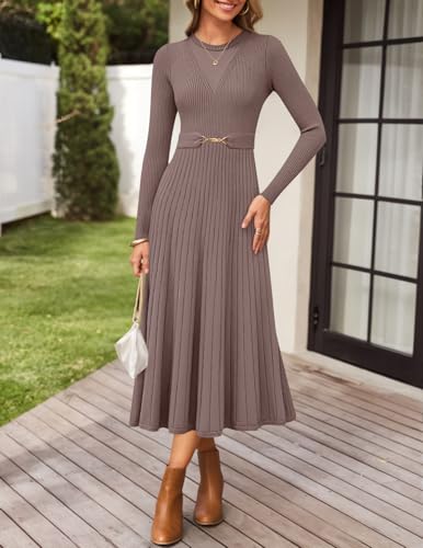 ZESICA Women's Long Sleeve Midi Sweater Dress 2026 Fall Crewneck Knit A Line Pleated Flowy Long Dresses with Belt