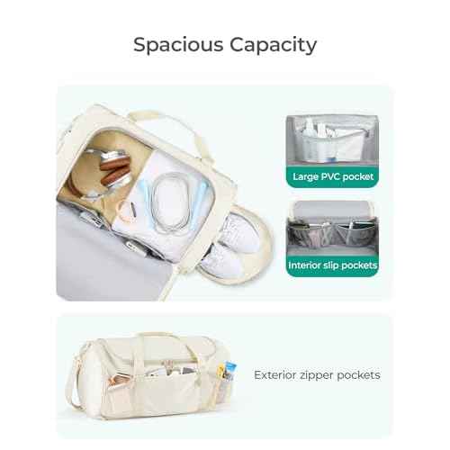 BAGSMART Gym Bag for Men & Women, Lightweight Duffel with Shoe Compartment, Weekender Bags with Wet Pocket, Workout Overnight Carry on for Travel, Beige